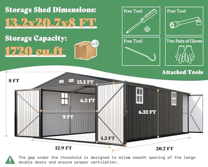 13x21x8 FT Garage Shed with Double Hinged Doors & 4 Windows