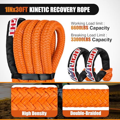 Kinetic Recovery Tow Rope Kit with 2 Soft Shackle 1" x 30ft Heavy Duty Offroad Tow Rope Snatch Strap Towing Strap kit