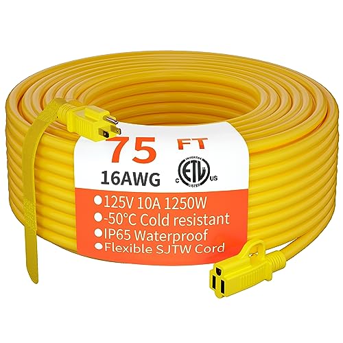 Indoor Outdoor Yellow Extension Cord 75 FT Waterproof 16