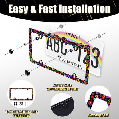 Stainless Steel Abstract Bright Flowers License Plate Frame 12.3X 6.3 Inch