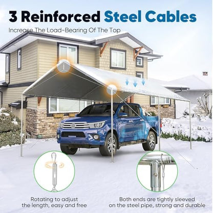 10x20 ft Heavy Duty Car Canopy Galvanized Frame Carport Outdoor Party Tent Boat Shelter with 3 Reinforced Steel Cables (200 Sq Ft)