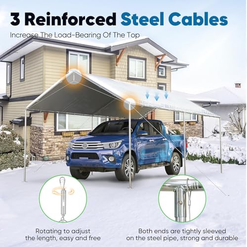10X20ft Upgraded Heavy Duty Car Canopy Galvanized Frame Carport Outdoor Boat Shelter with 3 Reinforced Steel Cables (200 Sq Ft)
