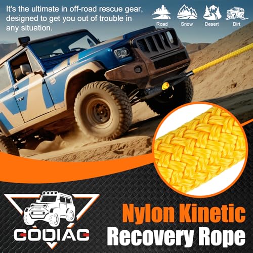 1" x20ft Kinetic Recovery Rope 33K lbs with 2 Soft Shackles Yellow
