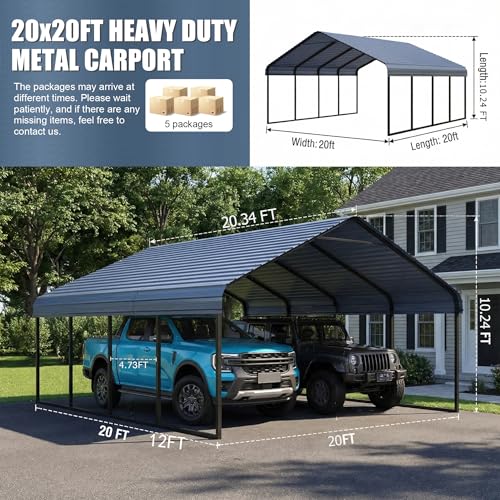 20x20 ft Heavy Duty Metal Carport with Vertical Roof Design