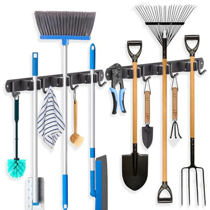 2 Pack Mop Broom Holder Wall Mount 3 Racks 4 Hooks Storage Black (2 Count)
