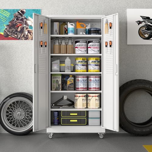 71" White Metal Storage Cabinet with Wheels and Pegboard