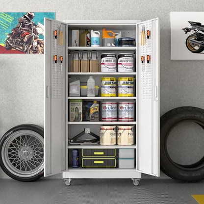 71" White Metal Storage Cabinet with Wheels and Pegboard