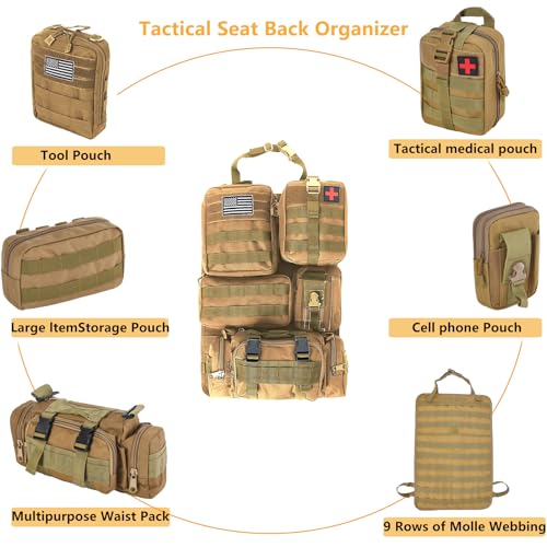 tactical car seat back organizer and storage truck seat covers with a Molle Vehicle Panel and 5 Different Size Molle Pouches for most models such as Jeep