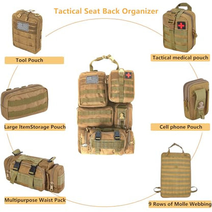 tactical car seat back organizer and storage truck seat covers with a Molle Vehicle Panel and 5 Different Size Molle Pouches for most models such as Jeep