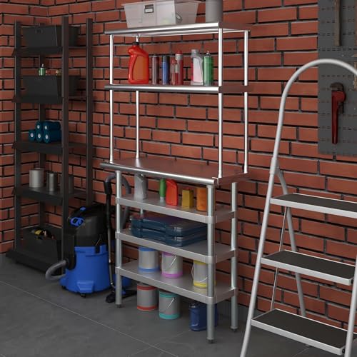 14" x 36" Stainless Steel Work Table with 3 Shelves and 12" Wide Double Tier Overshelf