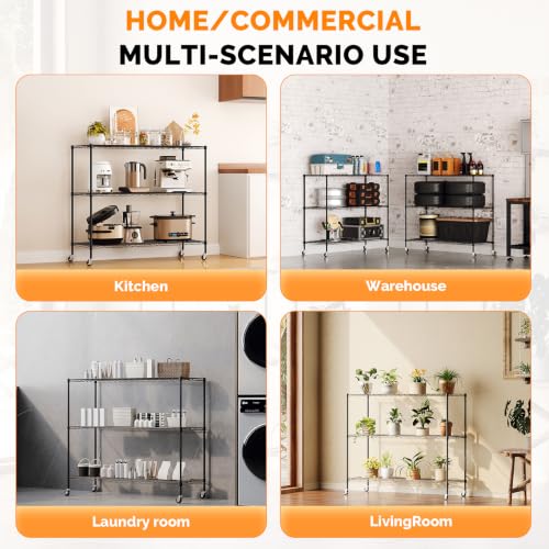 3 Tier Metal Storage Shelves 41''H Wire Shelving with Wheels for Storage Adjustable Heavy Duty Garage Shelving Storage Racks for Pantry Shelves Kitchen Office Garage
