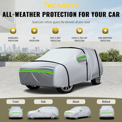 6 Layers Premium Full Car Cover Hard Shell Zipper Design Waterproof All Weather Weatherproof UV Sun Protection Snow Dust Storm Resistant Outdoor with Straps
