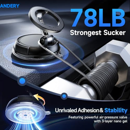 Car Phone Holder for Magsafe [78+LBS Strongest Suction & 2400gf Strongest Magnetic] 360° Adjustable Car Phone Mount