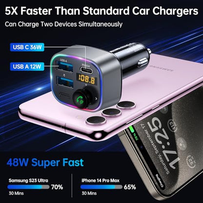 Bluetooth 5.4 FM Transmitter Car Adapter 48W