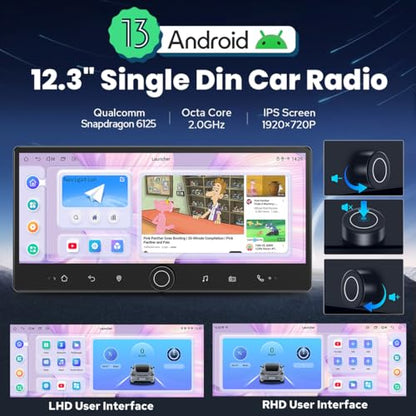 12.3" Single Din Touchscreen Radio Android 13 Head Unit with Carplay and Android Auto Detachable Car Stereo with Bluetooth