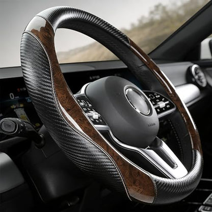 Wood Grain Steering Wheel Cover with Coasters Universal 14.5