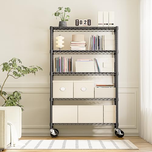 5 Tier Adjustable Heavy Duty Steel Wire Shelving Unit with Wheels (5 Count)