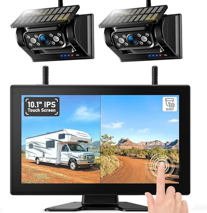 Magnetic Solar Wireless Backup Camera HD 1080P DVR 10.1" Touchscreen Monitor