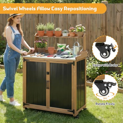 Potting Bench Table & Outdoor Storage Cabinet with Lockable Wheels