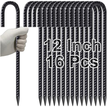 Rebar Stakes 12 Inch J Hook Heavy Duty Tent Stakes for Wire Fencing (16 Count)