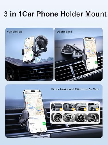 3-in-1 Phone Mount for Car [2026 Most Stable and Flexible Suction Cup] Vent Dashboard Windshield Cell Phone Holder Car Fit for iPhone, Samsung, All Phone