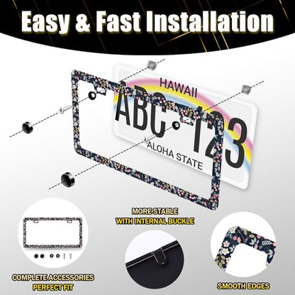 Stainless Steel Blue Art Floral Flower License Plate Frame 12.3 x 6.3 Inch