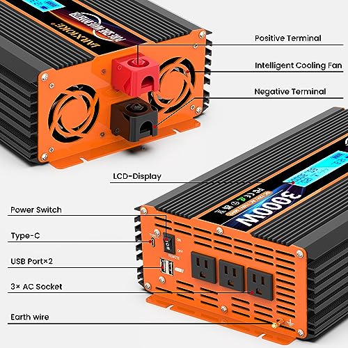 3000 Watt Pure Sine Wave Power Inverter 12V DC to 110V 120V Converter for Family RV Off Grid Solar System Car with Type