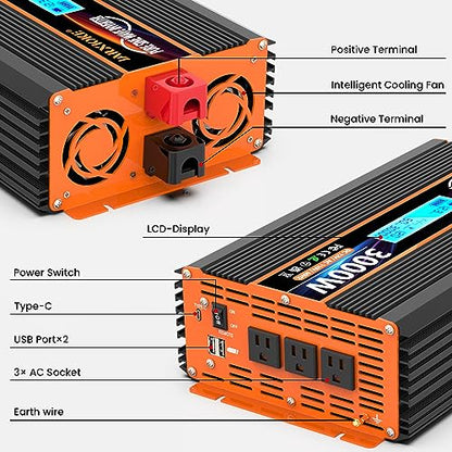3000 Watt Pure Sine Wave Power Inverter 12V DC to 110V 120V Converter for Family RV Off Grid Solar System Car with Type