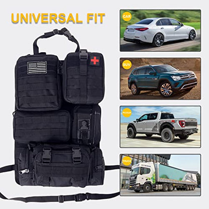 Universal Tactical Car Seat Back Organizer Bag Tactical Molle Vehicle Organizers Panel Vehicle Protector Organizers with 5 Detachable Pouches for Car Truck Ford Jeep