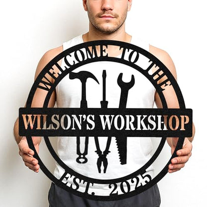Custom Garage Workshop Metal Sign Personalized Tool Name Wall Art for Car Truck Mechanic Shop Decor Durable Steel Sign for Dad Husband Men’s Auto Workspace or Fence