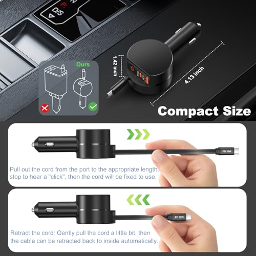 78W 3 Port Car Charger with Retractable USB