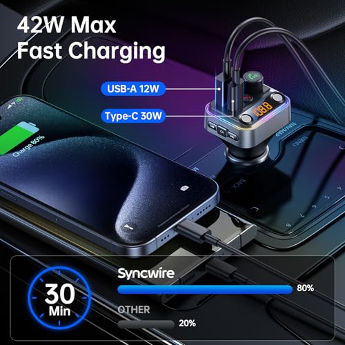Bluetooth 5.4 FM Transmitter Car Adapter with Light Switch