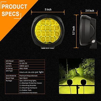 5 Inch Pair 160W Amber Round LED Offroad Lights 18800LM Amber Yellow OffRoad Lights Super Bright Amber Driving lights Fog Lights Waterproof IP68 Light Bar for Trucks Pickup 4x4 SUV ATV UTV