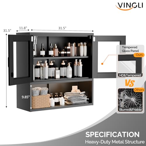 Metal Wall Cabinet with Locking Glass Doors & Magnetic LED Sensor Light
