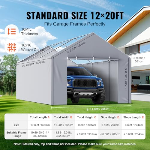 Carport Replacement Canopy Cover Side Wall 12 x 20 ft