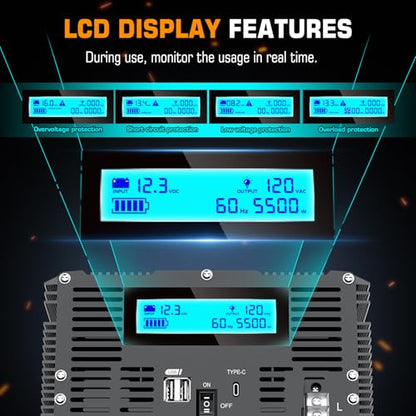 5500 Watt Power Inverter 12V DC to 110V 120V Converter for Family RV Off Grid Solar System Car with Type