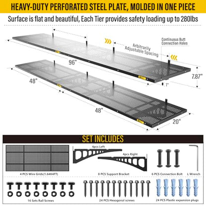 4Pack 1.64x4ft Adjustable Metal Garage Wall Shelving Heavy Duty Garage Storage Shelf Wall Mounted Black (4 Count)