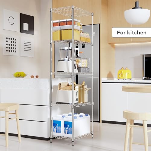 5 Tiers Shelf Metal Storage Shelves Wire Rack Closet Organizers for Garage Kitchen Bathroom Laundry Chrome 11.8" D x 17.7" W x 55" H (5 Count)