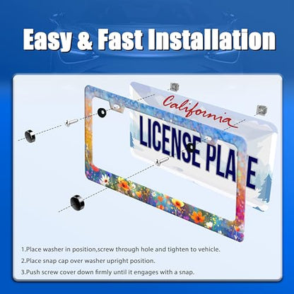 Watercolor Flower License Plate Frame Stainless Steel Car Accessory6.3x12.3