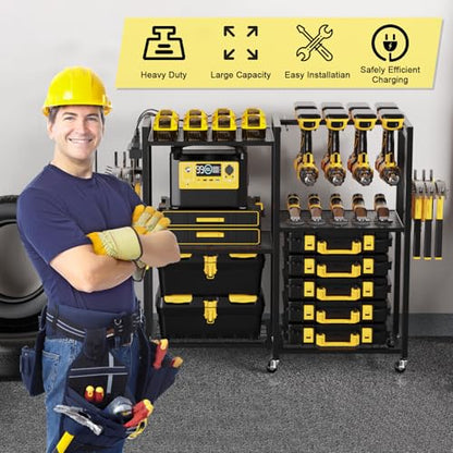 6 Tier Large Power Tool Organizer Cart with Charging Station