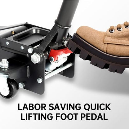 3-Ton (6600lbs) Low-Profile Dual Pistons Heavy-Duty Steel Racing Floor Jack with Quick Lift Hydraulic Pump, Foot Pedal and Magentic Pad for Car Maintenance