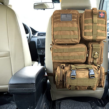 Universal Tactical Car Seat Back Organizer Bag Tactical Molle Vehicle Organizers Panel Vehicle Protector Organizers with 5 Detachable Pouches for Car Truck Ford Jeep