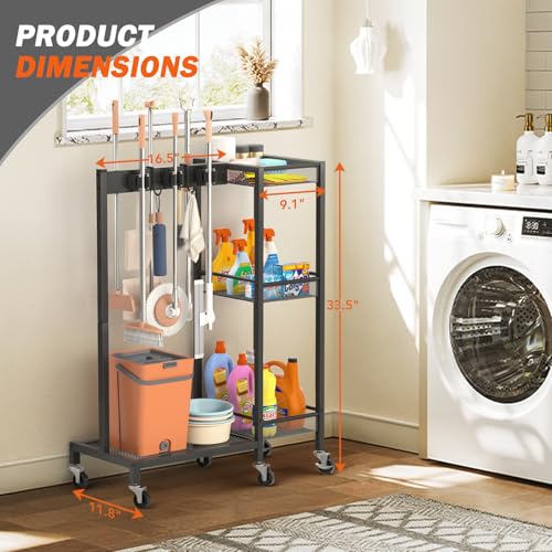 Broom Holder with Cleaning Supplies Organizer