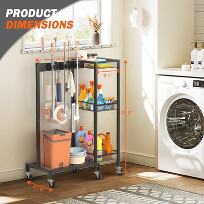 Broom Holder with Cleaning Supplies Organizer