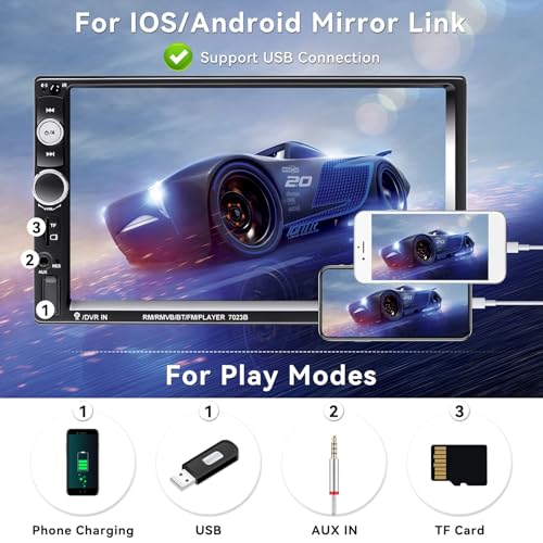7" Double Din Car Stereo Audio Bluetooth MP5 Player USB FM Multimedia Radio+ 4 LED Mini Backup Camera with Steering Wheel Remote Support Mobile Phone Synchronization