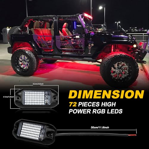 4Pods Pure Red LED Rock Lights 72 pcs LEDs high Power Rock Lights Neon Underglow Light for Car Trucks ATV UTV SUV Boat Underbody Glow Trail Rig Lights IP68 Waterproof