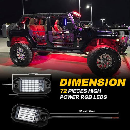 4Pods Pure Red LED Rock Lights 72 pcs LEDs high Power Rock Lights Neon Underglow Light for Car Trucks ATV UTV SUV Boat Underbody Glow Trail Rig Lights IP68 Waterproof