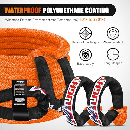Kinetic Recovery Tow Rope Kit with 2 Soft Shackle 1" x 30ft Heavy Duty Offroad Tow Rope Snatch Strap Towing Strap kit