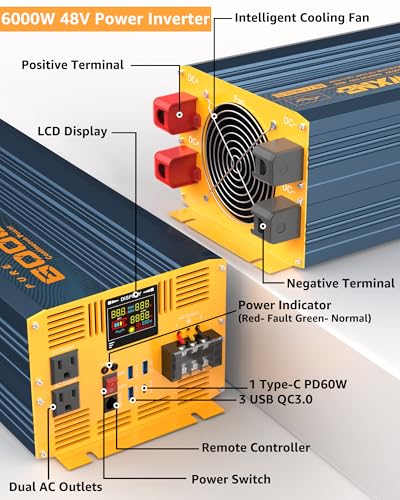 6000 Watt Power Inverter Pure Sine Wave 48V DC to 110V 120V Heavy Duty Inverter with Remote Control and LED Display