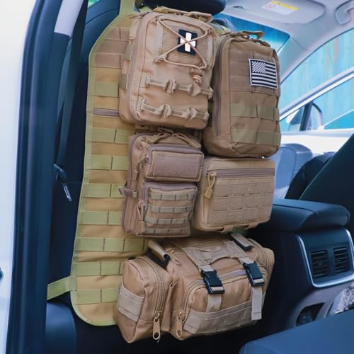 Universal Tactical Seat Back Organizer Vehicle Molle Panel Organizer Storage Bag with 5 Detachable Molle Pouch for All Vehicel Such as Jeep